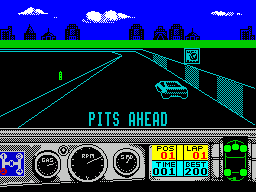 Days of Thunder (ZX Spectrum) screenshot: Pits ahead - though the exit ramp is not obvious. They're not needed anyway as the car's in tip-top condition as shown by the lower right schematic