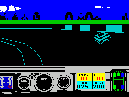 Days of Thunder (ZX Spectrum) screenshot: There's been some contact with the track wall and the offside tyres have turned blue to indicate this. When there is contact the game makes a brief hissing sound.