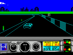 Days of Thunder (ZX Spectrum) screenshot: After pink the tyre's colour changes to red, then yellow and finally white. After that any further contact results in a crash with the car spinning along the track