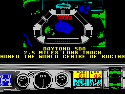 Days of Thunder (ZX Spectrum) screenshot: Having qualified the player then enters the race. Is Daytona the 'World Centre of Racing'? Here there are many cars on the starting grid and the players position is indicated by a blinking spot.