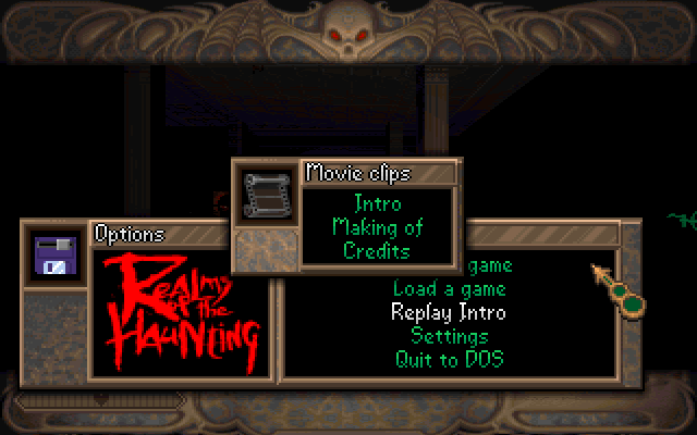 Realms of the Haunting (Limited Edition) (DOS) screenshot: This is the in-game option to load the movie that makes this game different to the standard version of Realms Of The Haunting. The movie is on CD4.
