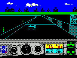 Days of Thunder (ZX Spectrum) screenshot: The race is underway. The player must change gear. If the stick is pressed forward then the gear changes up, if its pulled back then the gear changes down. The gear graphic is in the lower left corner