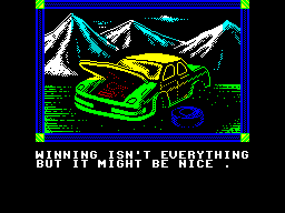 Days of Thunder (ZX Spectrum) screenshot: This is what the payer sees after a crash. There's the spinning car graphic followed by this