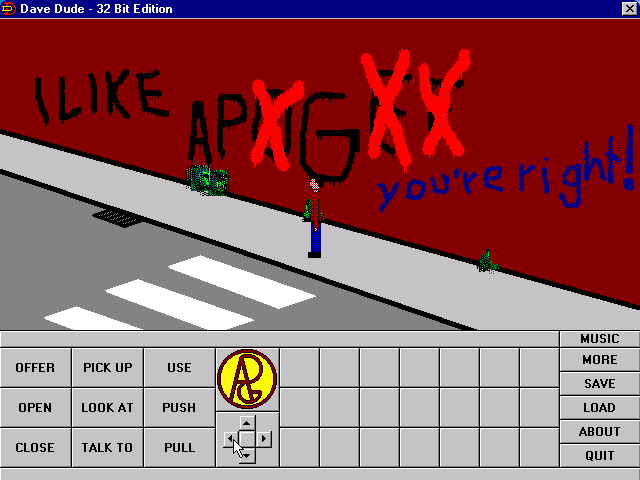 Dave Dude (Windows) screenshot: The graffiti on the wall is a plug for the developers, The Adventure Programmer Group (APG)
