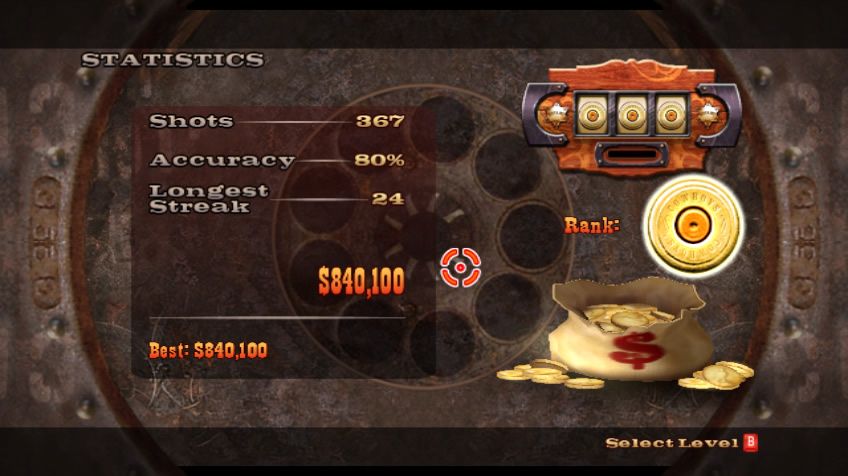 Wild West Guns (Wii) screenshot: The first level with its three scenarios has been completed. These are some statistics.