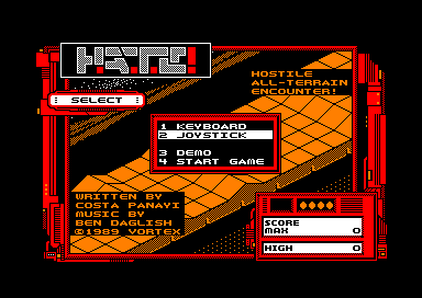 H.A.T.E: Hostile All Terrain Encounter (Amstrad CPC) screenshot: Main menu