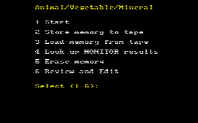 Animal Vegetable Mineral (Amstrad CPC) screenshot: The game's main menu