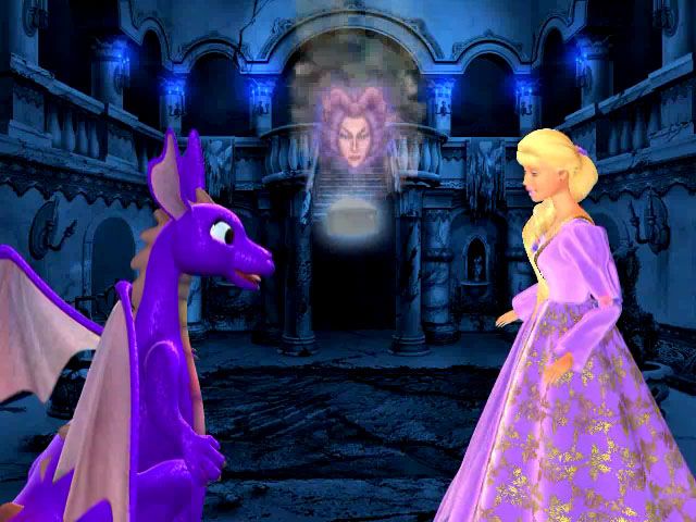 Barbie as Rapunzel: A Creative Adventure (Windows) screenshot: Barbie and Penelope take stock of the situation as Gothel explains their fate.