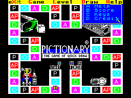 Pictionary: The Game of Quick Draw (ZX Spectrum) screenshot: The Help option shows the current score, copyright information