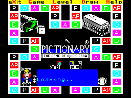Pictionary: The Game of Quick Draw (ZX Spectrum) screenshot: Then the game does a bit more loading. Across the top are options. Game sets how many players there are, Level sets how long the player(s) have to guess