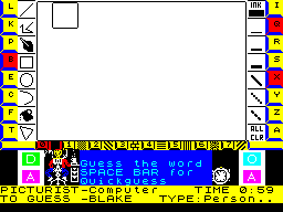 Pictionary: The Game of Quick Draw (ZX Spectrum) screenshot: The game starts and the computer begins to draw. The countdown timer shows that there is a minute to guess what this is going to be