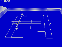International 3D Tennis (ZX Spectrum) screenshot: After a view of the scoreboard the player take to the court