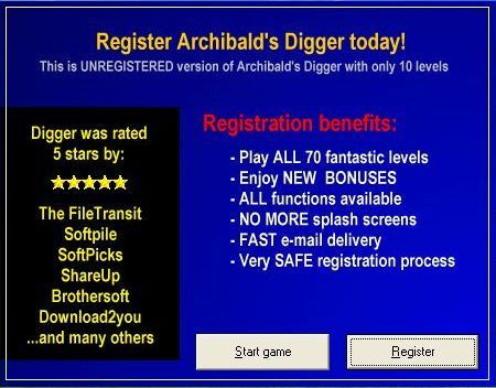Archibald's Digger (Windows) screenshot: The shareware game starts with a reminder to register, the same screen is shown when the game exits