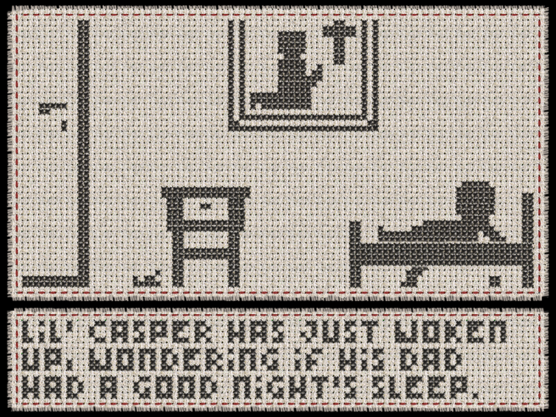 Cross Stitch Casper (Windows) screenshot: Casper wakes up in his room