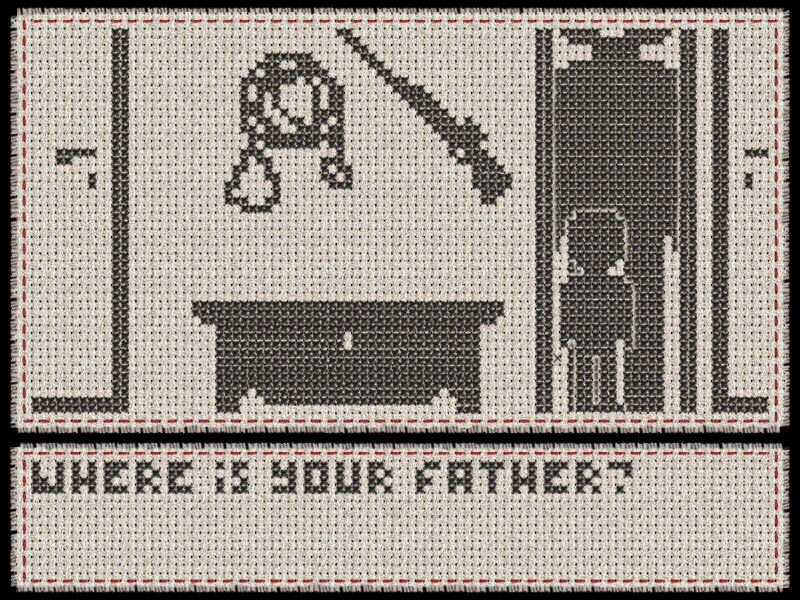 Cross Stitch Casper (Windows) screenshot: A man asking Casper for the whereabouts of his father