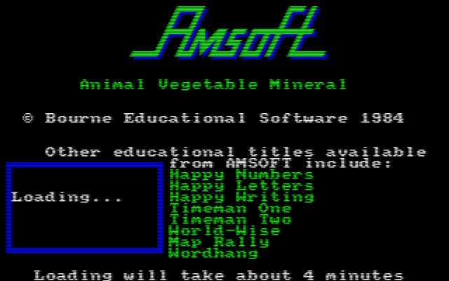 Animal Vegetable Mineral (Amstrad CPC) screenshot: The game load screen. Note the long, long load time for such a simple game