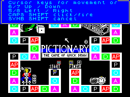 Pictionary: The Game of Quick Draw (ZX Spectrum) screenshot: The action keys cannot be redefined, however the important keys are displayed, this can also be displayed via the Help / Keys menu