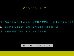 Shuttle Simulator (ZX Spectrum) screenshot: Control selection joystick or keyboard