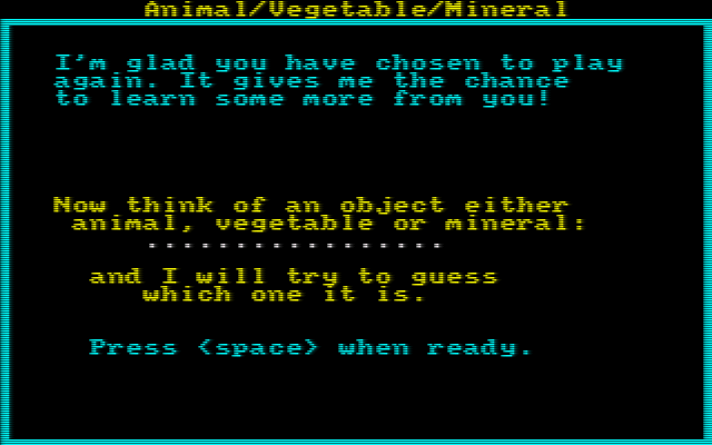 Animal Vegetable Mineral (Amstrad CPC) screenshot: The game then responds with a question that differentiates between items it knows about. Here I'm saying Yes because its spring and the leaf I'm looking at is green