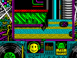 Toi Acid Game (ZX Spectrum) screenshot: Objects get thrown at Toi as he explores the disco. These glasses came from the bar, there's not much of a drop so they come at Toi quickly