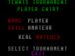 International 3D Tennis (ZX Spectrum) screenshot: The game Tournament menu where difficulty can be set.