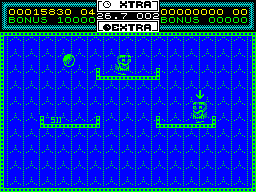 Helter Skelter (ZX Spectrum) screenshot: This is as high as it will bounce without aid. By hitting 'FIRE' at the right time in the balls flight it will hit the ground harder and thus bounce higher