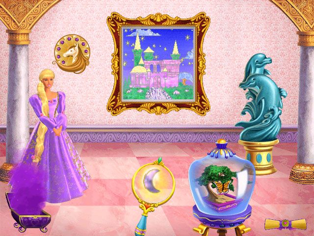 Barbie as Rapunzel: A Creative Adventure (Windows) screenshot: The hallway has been restored; use the magic magnifying glass to find the missing stone.