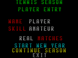 International 3D Tennis (ZX Spectrum) screenshot: The season tournament menu