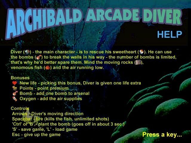 Archibald Arcade Diver (Windows) screenshot: The first of the game's help screens