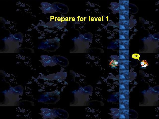 Archibald Arcade Diver (Windows) screenshot: Level one starts with the diver and his girlfriend at opposite sides of the screen. Blocks start to fall building a wall between them. He rushes across the screen but its too late