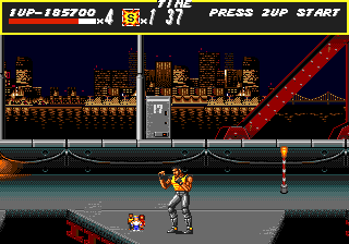 Streets of Rage (Genesis) screenshot: The black holes in the floor of stage 4 can be used to your advantage by throwing enemies into them resulting in instant death. But enemies can also do the same to you.