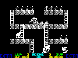 Rod-land (ZX Spectrum) screenshot: Stage 3 introduces sharks on legs.
