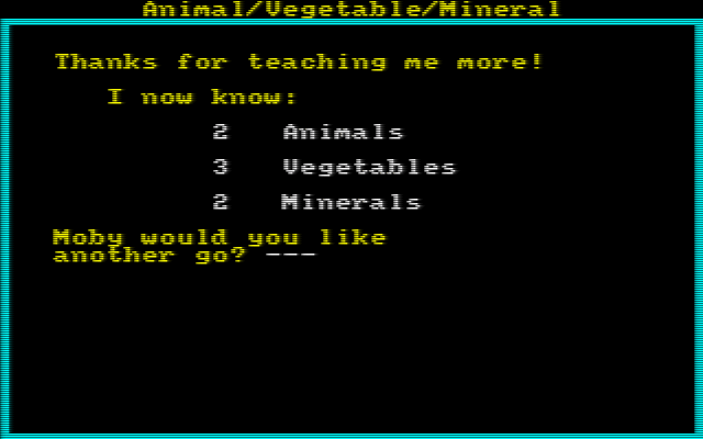 Animal Vegetable Mineral (Amstrad CPC) screenshot: The game's database has now been expanded. I'm playing again and this time I'm going with the word EAGLE