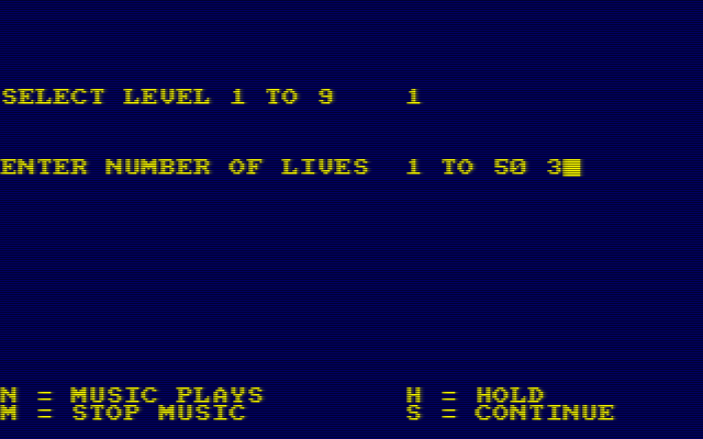 Bridge-It (Amstrad CPC) screenshot: This is the game configuration screen. When the player loses the game this is the screen the game returns to