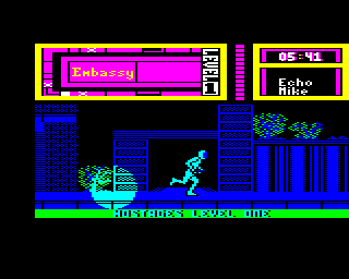 Hostage: Rescue Mission (BBC Micro) screenshot: Level 1: Running (the wrong way) ahead of the searchlight.