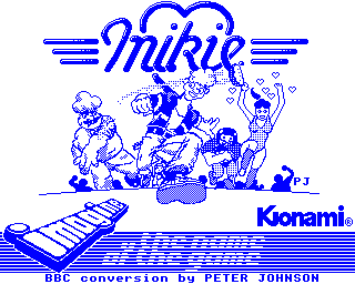 Mikie (BBC Micro) screenshot: Two colour loading screen. Frankly it would have looked a lot better in mode 1 with 4 colours.