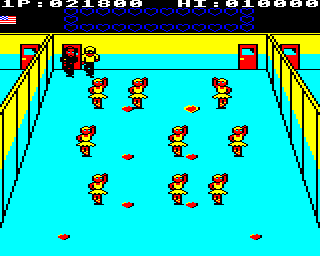 Mikie (BBC Micro) screenshot: Level 4: In the Dancing studio with lots of hearts to collect and dancers to avoid.