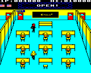 Mikie (BBC Micro) screenshot: Level 1: I've collected the hearts and the door is ready to open. Just have to avoid the teacher to get to it.