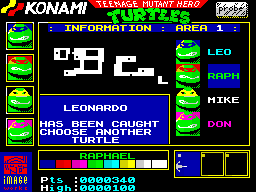 Teenage Mutant Ninja Turtles (ZX Spectrum) screenshot: Lost a turtle