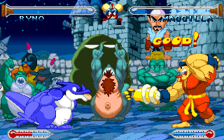 Fight'N'Jokes (DOS) screenshot: Maggilla vs. Ryno, you can see how Dragonball inspired this game!