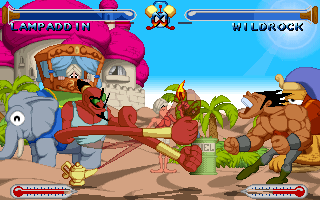 Fight'N'Jokes (DOS) screenshot: Lampaddin vs. Wildrock. very nice and coloured graphic!