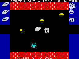 Mr. Wimpy: The Hamburger Game (ZX Spectrum) screenshot: The first game requires you to fetch ingredients from the right to the left while avoiding the moving holes and the thieving Waldo.