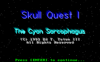 Skull Quest I: The Cyan Sarcophagus (DOS) screenshot: The game displays this screen when it loads