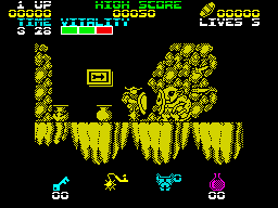 Black Tiger (ZX Spectrum) screenshot: Enemies are hard to see in the mono-coloured environment.