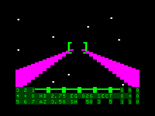 Shootout at the OK Galaxy (TRS-80 CoCo) screenshot: Firing lasers