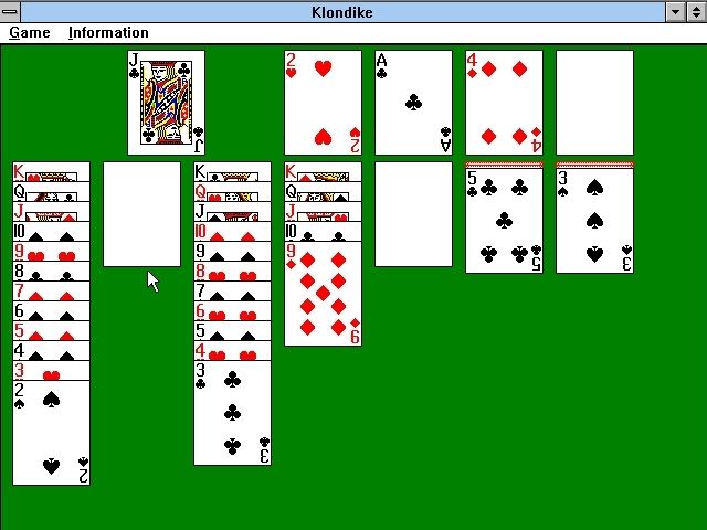 Solitaire King: Klondike (Windows 3.x) screenshot: A game in progress<br>This game has come to an end. The player has exhausted the draw pile one card and has no further moves left. The game does not say 'Game Over' though