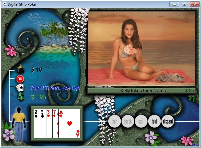 Digital Strip Poker featuring Kelly Monaco, Layla Roberts and Carrie Stevens (Windows) screenshot: Kelly takes three cards without her shorts (Kelly Monaco round 2)