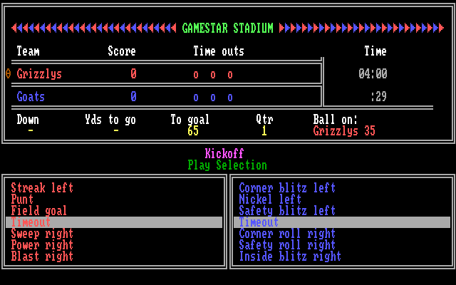 GFL Championship Football (DOS) screenshot: Call the play (Tandy/PCjr)