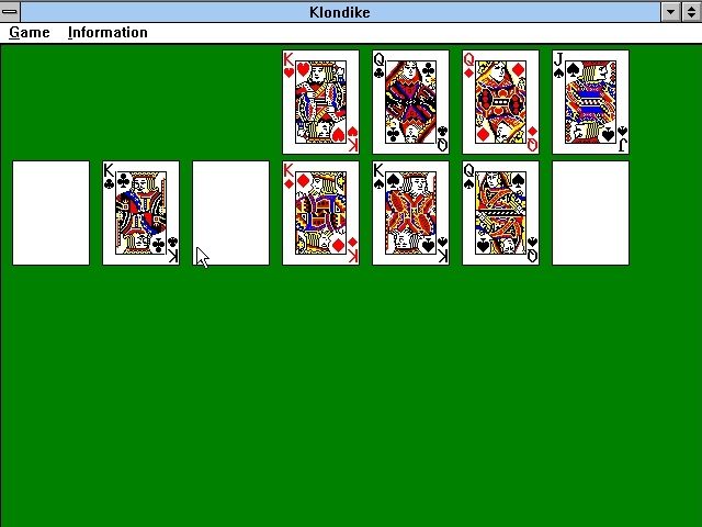 Solitaire King: Klondike (Windows 3.x) screenshot: Here the player is about to end a game, all the remaining cards can be played onto the foundations. When the game is complete there's no 'Well Done' message from thegame