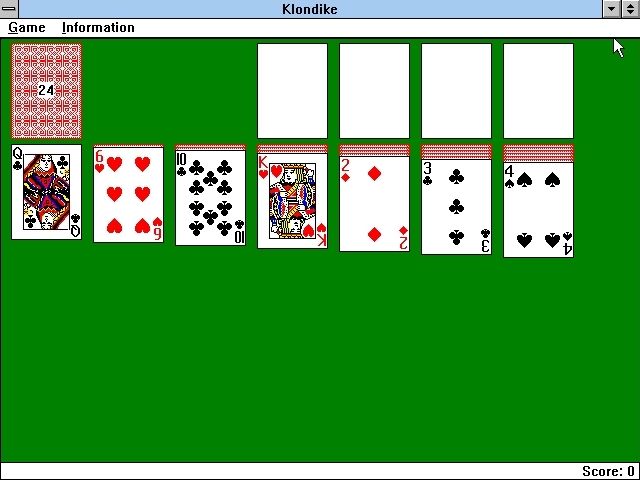 Solitaire King: Klondike (Windows 3.x) screenshot: The cards have been dealt. This layout is standard to all the variations of this game
